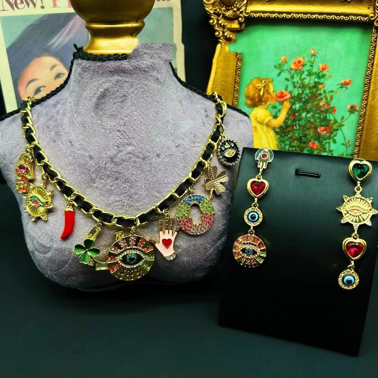 

vintage tassel enamel color Eyes Palm flower Love Sweet necklace set