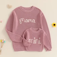 FOCUSNORM 5 Colors Mommy and Me Matching Baby Girls Sweaters 0-6Y Ribbed Long Sleeve Letter Embroidery Knit Tops Autumn Winter 1