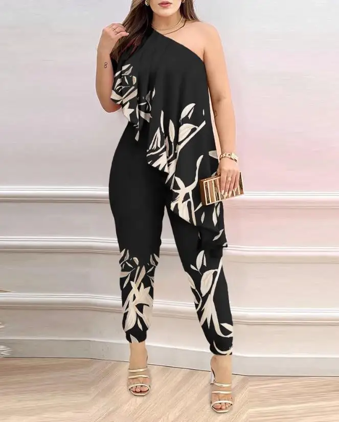 Women's Sexy Jumpsuit 2024 Spring Summer Latest Plants Print One Shoulder Asymmetric Ruffles Romper Sleeveless Party Bodysuit