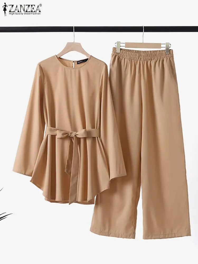 Muslim Sets Women Autumn Blouses ZANZEA Fashion Muslim Sets Long Sleeve Turkish Blouses Pants Abaya Solid Islamic Clothing 2PCS Oversized