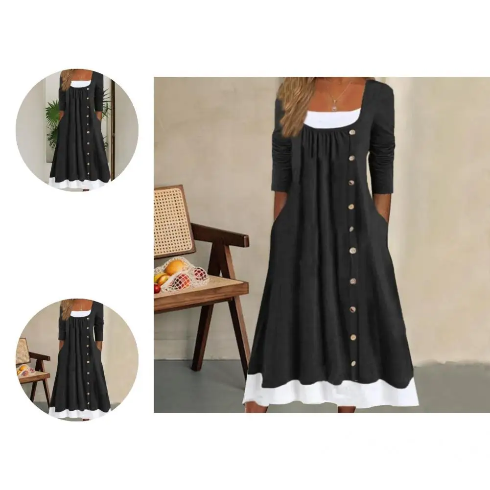 

Women Dress Fake Two-piece Dress Contrast Color A-line Midi Dress with Fake Two-piece Design Loose Hem Pockets Stylish for Women