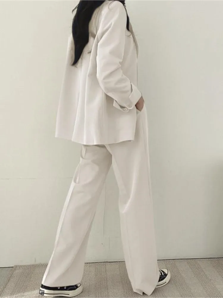 JuneRain Chic Spring Autumn Leisure Lapel Two Grain Of Buckle Jacket + High Waist wide-legged Pants 2 Pieces Suit Khaki Color