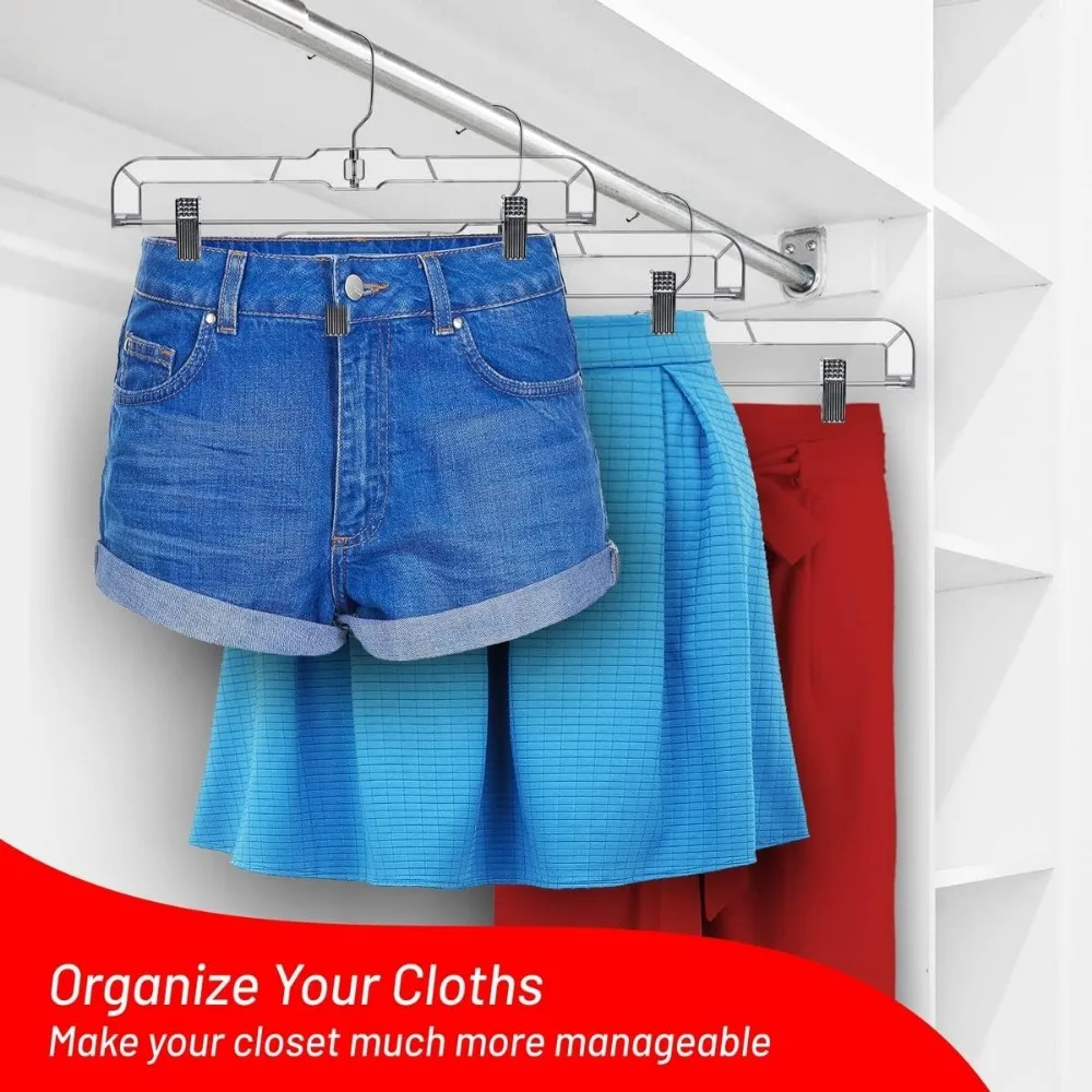 ™ Skirt Hanger Pants Hangers with Clips Hangers Shorts Hanger Clear Plastic Clothes Hangers with 2-Adjustable Clip Non-Slip Clot