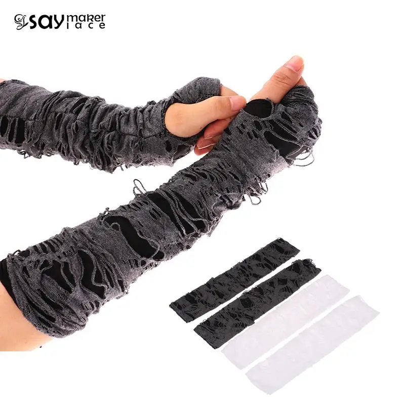 

2PC Casaul Broken Slit Gloves Sexy Gothic Fingerless Gloves Halloween Gloves Black Ripped Holes Decor Cosplay Gloves For Adults