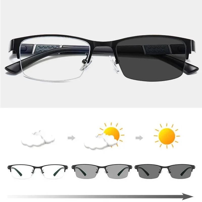 Myopia Glasses Business Men's Photochromic Unisex Half Frame Square Near Sight Eyeglasses Optical Prescription Minus Eyewear