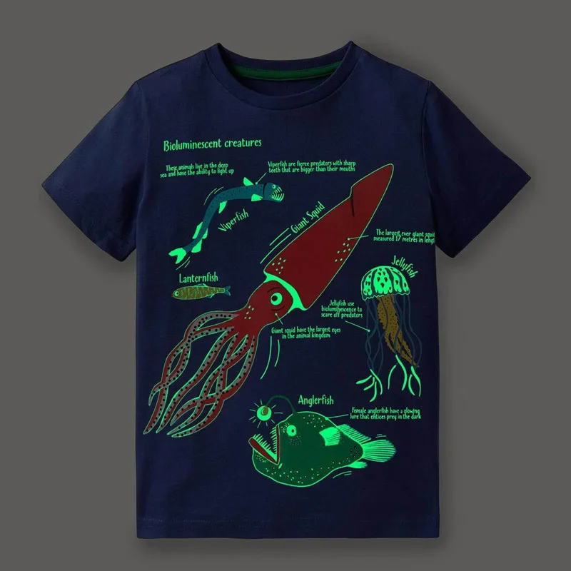 2-7 Years Kids Luminous Cartoon Shark Dinosaur T-shirt 100% Cotton Baby Boys Tees Summer New Short Sleeve Tops