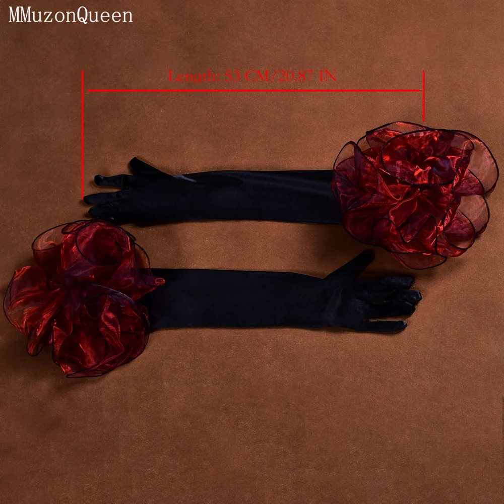 MMQ Black Satin Over-The-Elbow Gloves Red Wine Red Flowers Embellish Ball Accessories Bridal Gloves With Fingers