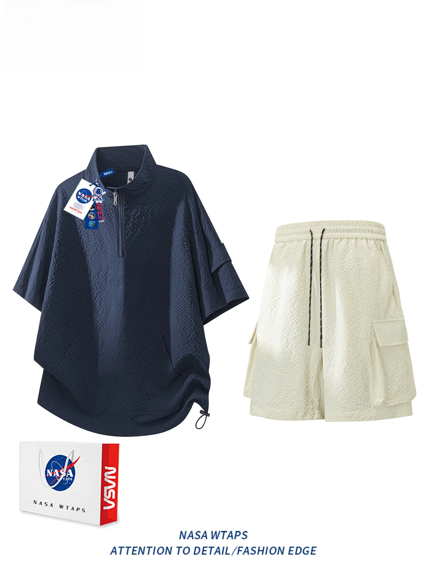 WTAPS 남성 여름 캐주얼 스포츠 루즈핏 반팔 반바지 세트 하프 지퍼 티셔츠 폴리에스터 섬유 청소년용