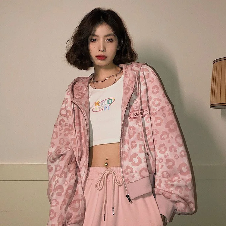 Sweatshirt Zip Hoodie Y2k Streetwear Loose Pink Leopard