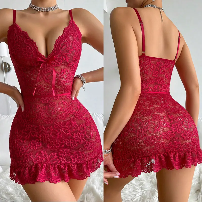 Women Lingerie Lace Splicing Perspective Sexy Crotchless Sleepwear Pajamas Set Night Dress Nightgown G-string