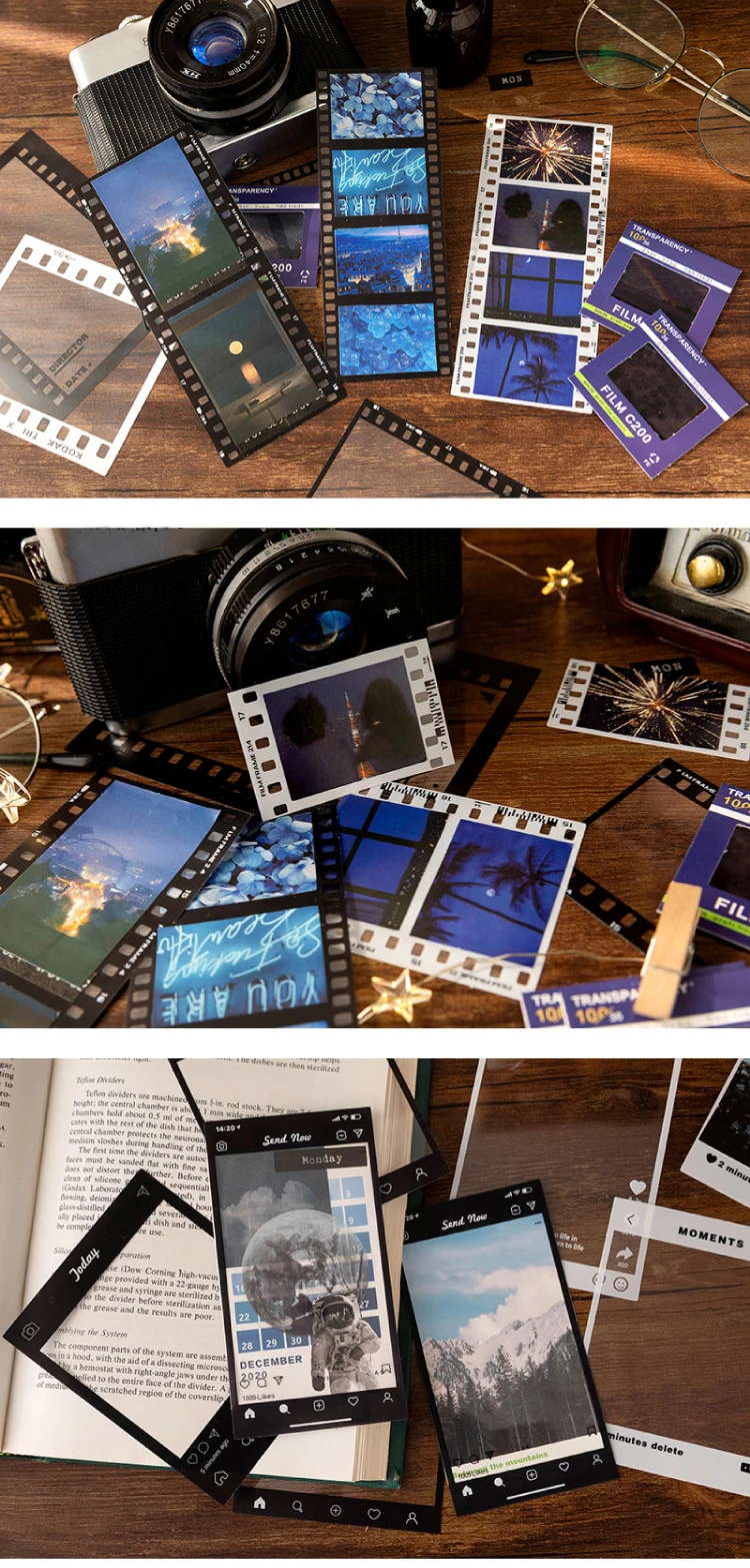 15 Sheets Vintage Photo Film Frame PET Sticker Package DIY Diary Junk Journal Decoration Label Stickers Album Scrapbooking