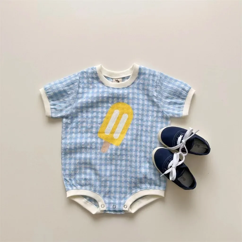 Newborn Baby Girls Boys Short Sleeve Plaid Ice Cream Print Jumpsuits Toddler Cotton Thin Clothing Infant Kids Bodysuits 유아복 5
