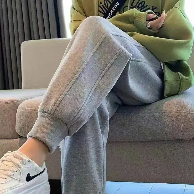 Women Thicken Cotton Sweatpants Autumn Winter Elastic Waist Bundle Foot Straight Trousers Fleece Warm Loose S-5XL Casual Pants