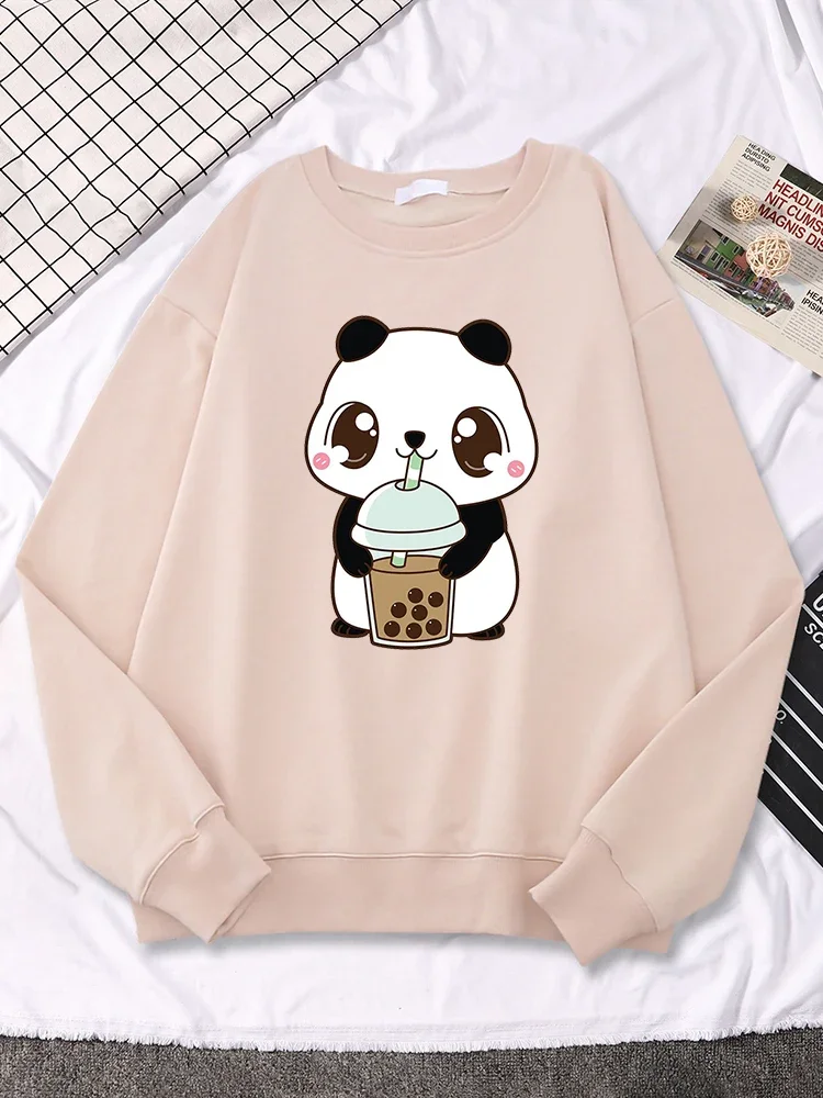 

Baby Panda Drinking Milk Tea Women Long Sleeves Cartoons Kawaii Hoodies Simple Casual Sweatshirt Oversize Autumn Womans Clothing