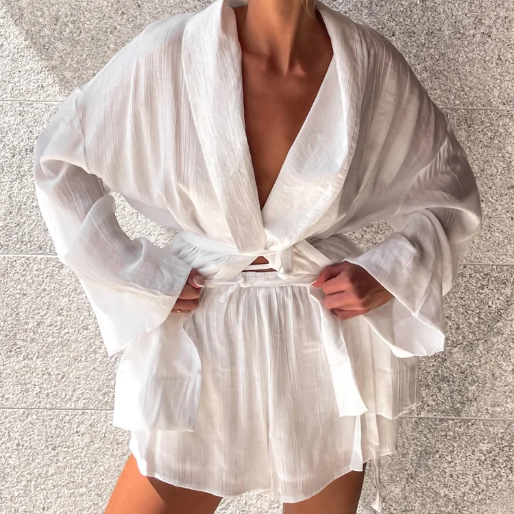White Lace-Up 2 Piece-Set Shorts For Women Casual Loose Bandage Cardigan Coat And High Waist Shorts Sets Female Outfits