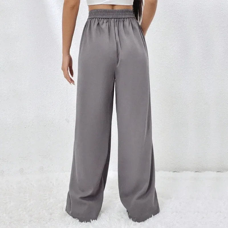 2024 New Women's Elastic Waist Pocket Straight Leg Wide Leg Pants Loose Casual Style Long Pants Korean  Streetwear Women YSQ29