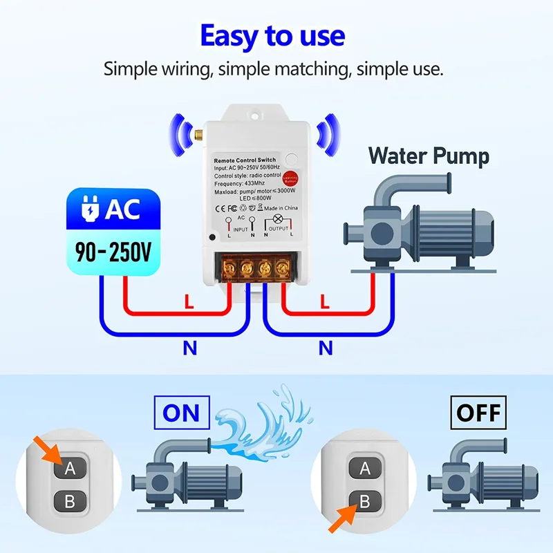 Telecomando RF433 MHz 3000m 30A 220V AC per Pompa Acqua, Interruttore Wireless RF con Ricevitore Radio 1KM 3KM 5KM - immagine 5