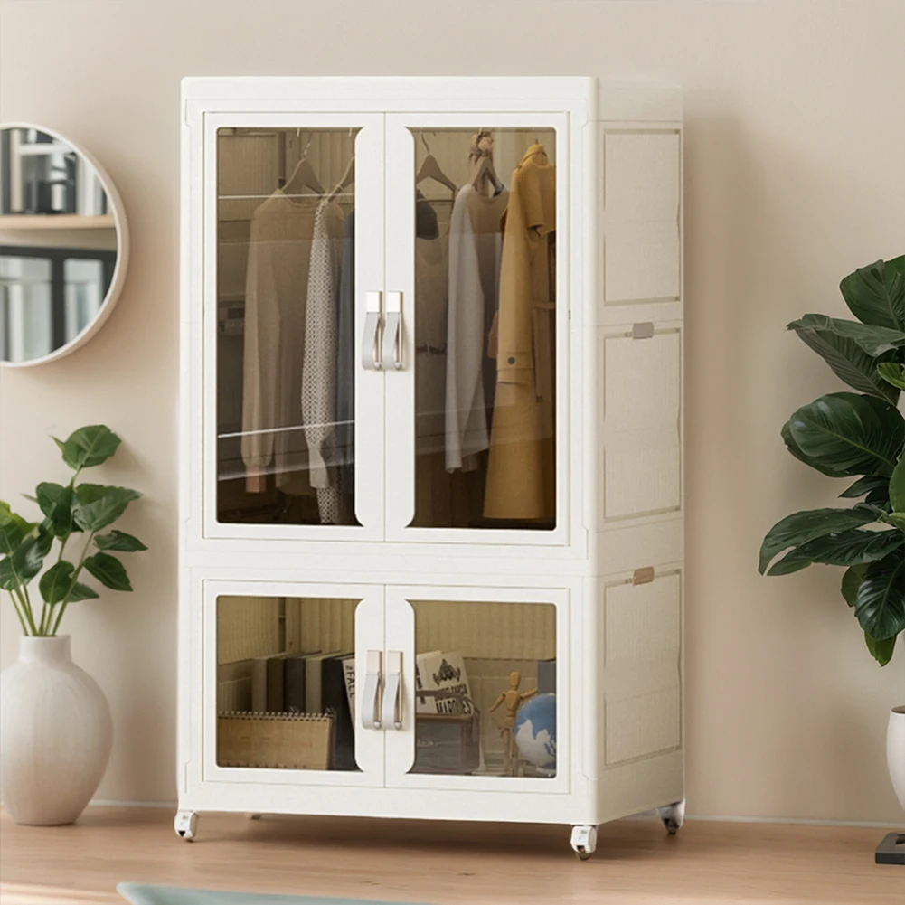Portable Closet Storage Organizer with Hanging Rod Multi-Function Storage Shelf Large Capacity with Clear Door for Clothes Toys 2