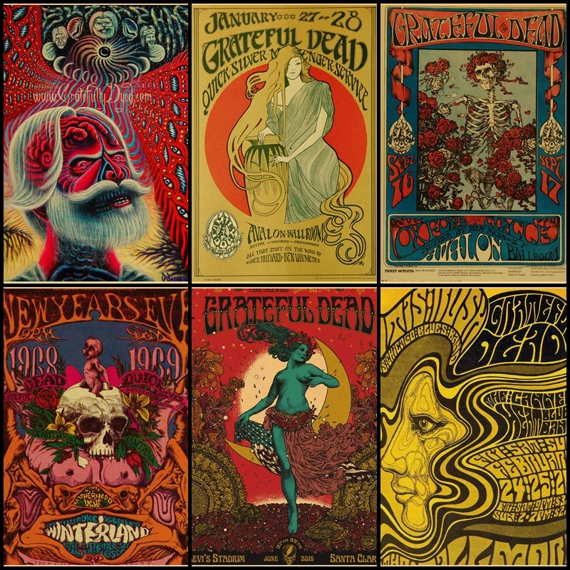 Grateful Dead Psichedelic Rock Band Illustrazione Astratta Vintage Kraft Poster Coffee Bar Vintage Decor