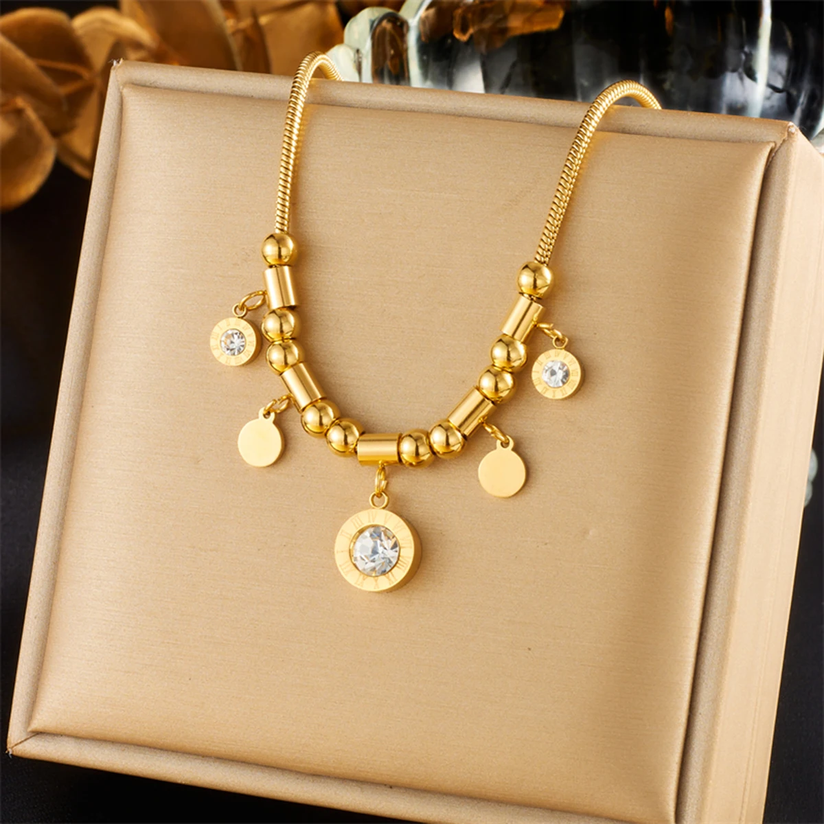 DIEYURO 316L Stainless Steel Round Roman Numeral Zircon Pendant Necklace For Women Vintage Ethnic Ladies Chain Jewelry Gifts