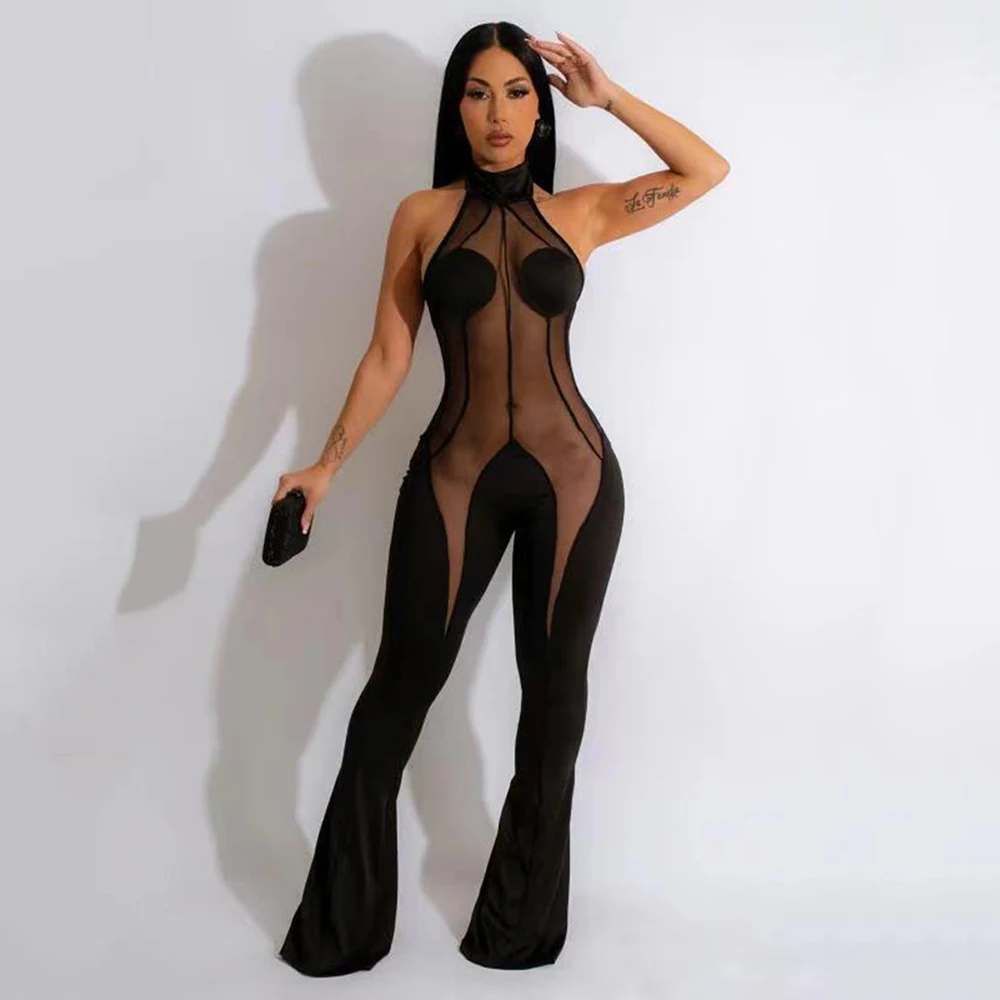 

2023 Knitted Rompers Women Black Jumpsuit Sleeveless Mesh Zipper O Neck Sexy Summer perspective Jumpsuits Club Outfits Overalls