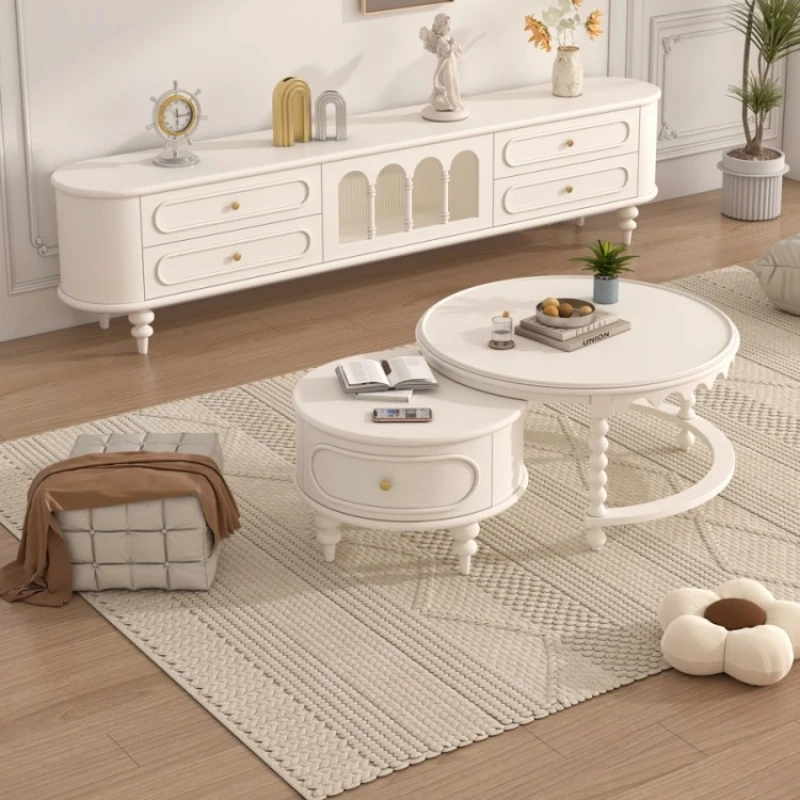 Crafted French Solid Wood TV Console Glass Coffee Table Cream Tone Finish Living Room Luxury Flair Space Saving Corner Solution