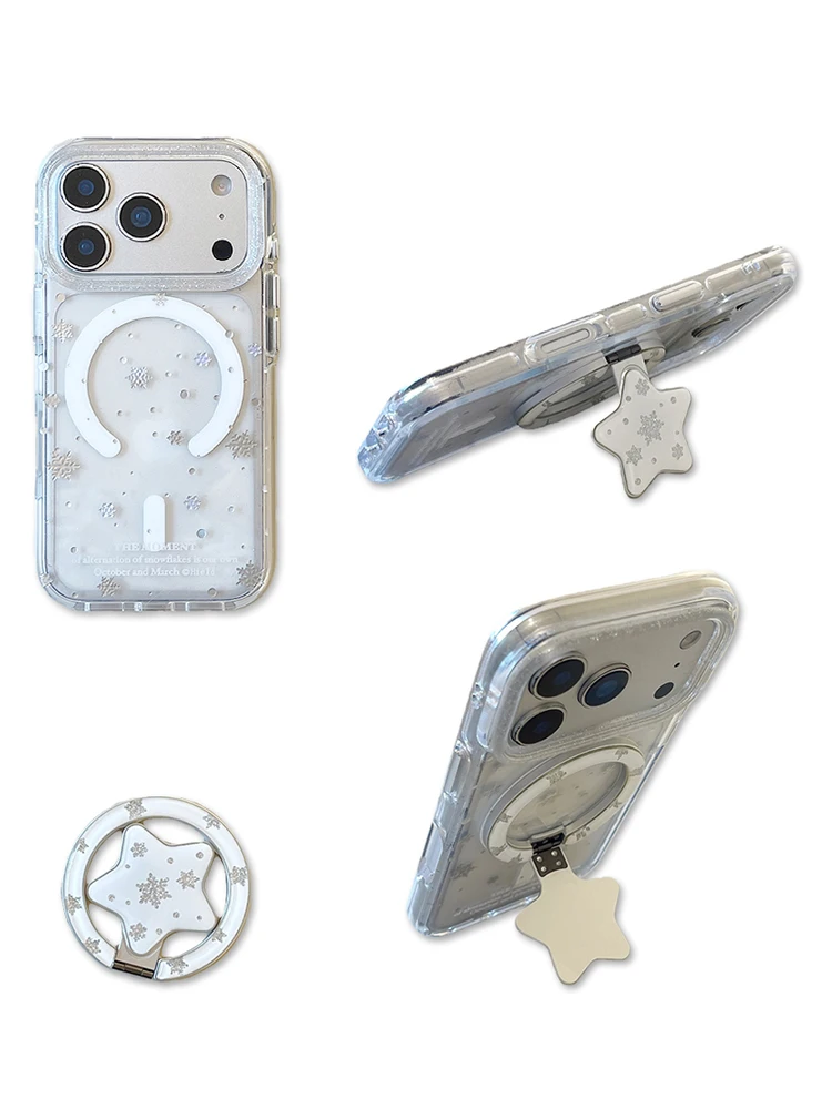 Elegant Bling Snowflake Star Magnetic Phone Stand Case with Wireless Charging Compatibility