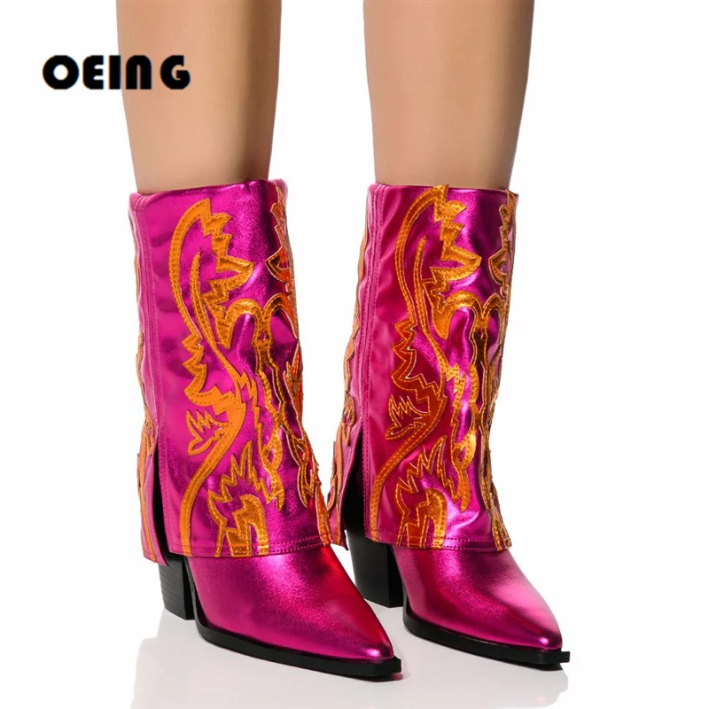 

Metallic Leather Western Cowgirl Ankle Boots Sexy Pointy Toe Pull On Embroidery Fold Boots 2023 Spring New Fashion Women's Shoes
