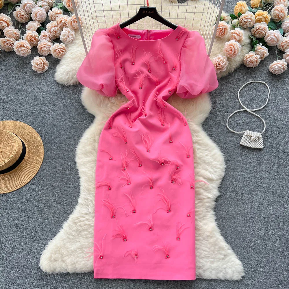 

French Heavy Industry Nail Drill Feather Fringe O-Neck Dress Slimming Elegant Puffed Sleeve Socialite Evening Dress