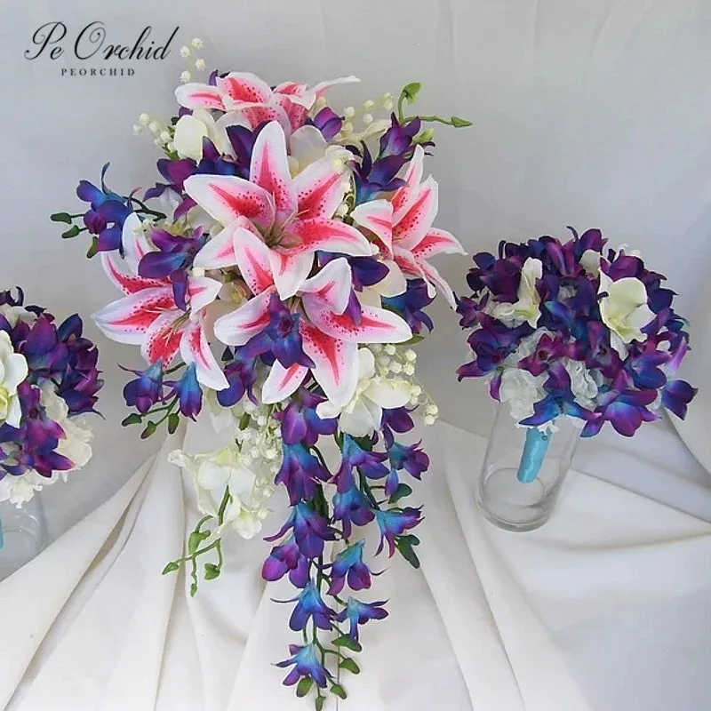 

PEORCHID Lily Of Valley Bridal Cascade Bouquet Da Sposa Lilies Pink Flower Artificial White Blue Orchids Silk Wedding Bouquet