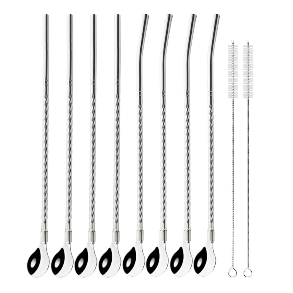 Premium Reusable Stainless Steel Straw Spoon Set - Eco-Friendly Drinking Accessories with Cleaning Brush