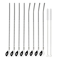 Premium Reusable Stainless Steel Straw Spoon Set - Eco-Friendly Drinking Accessories with Cleaning Brush (Silver)