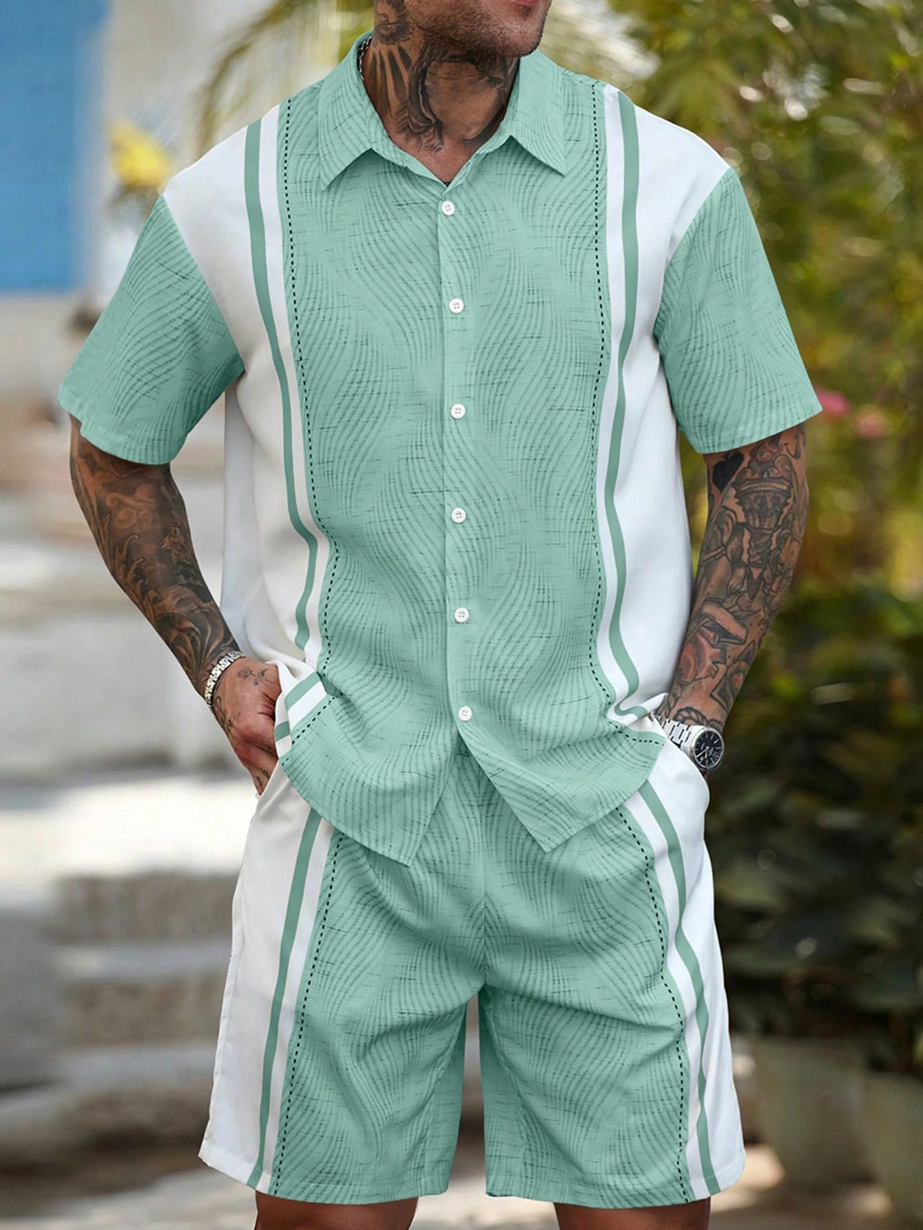 هاواي بسيط شريط طباعة قميص رجالي والسراويل قطعتين...