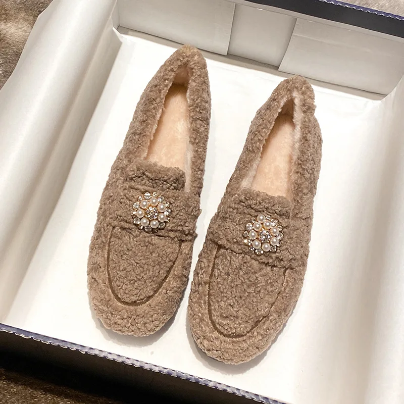 Luxury Lambwool Mules Winter Keep Warm Moccasins Shoes Female Slip On Flats Fur Loafers Plush Winter Boat Shoes Plus Size 33-43