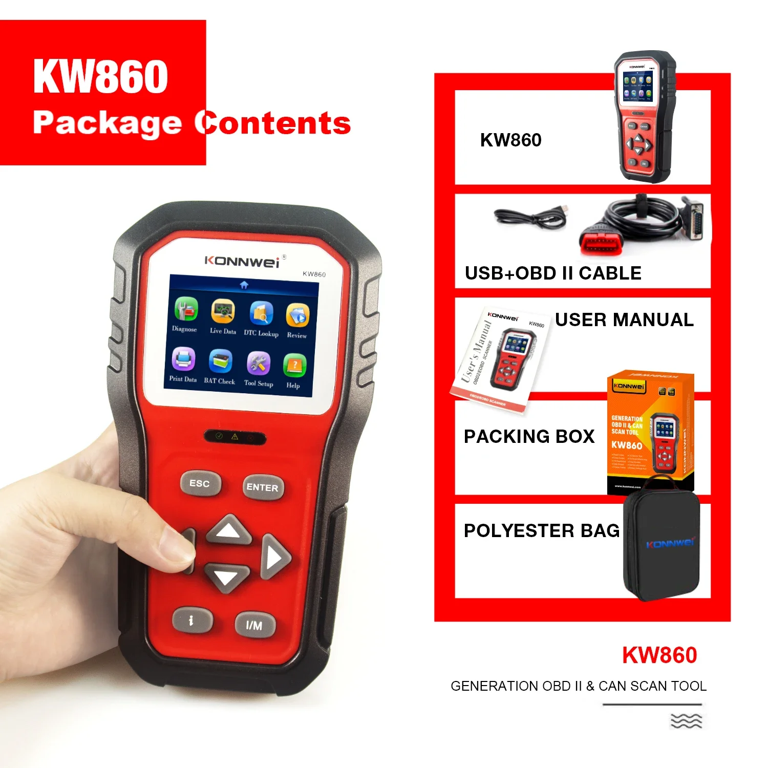 OBD2 сканер KONNWEI KW860, считыватель кодов автомобиля, диагностический сканер с улучшенным потоком данных в реальном времени, улучшенный Графический индикатор батареи