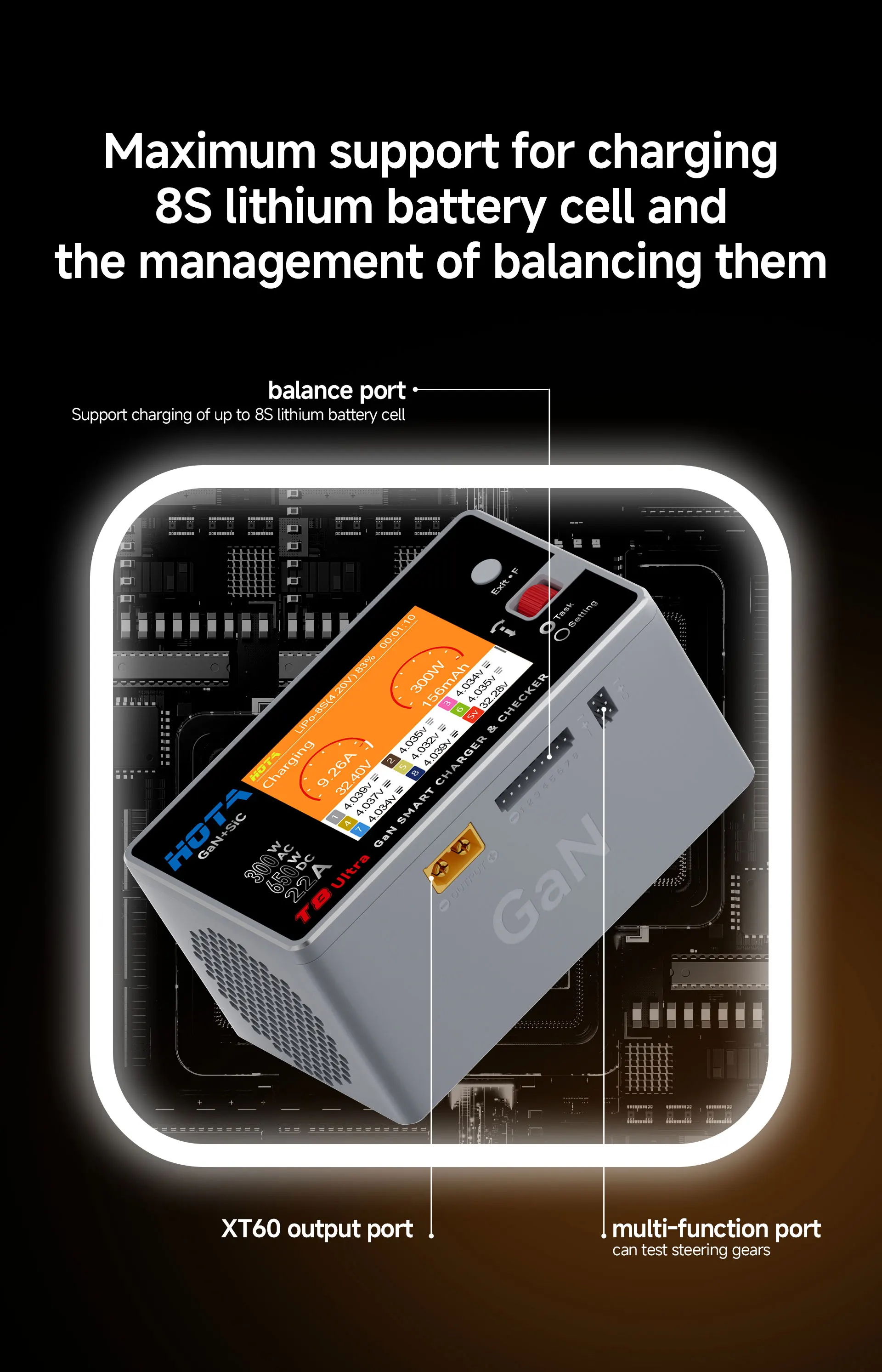 HOTA T8 Ultra GaN Smart Charger, 650W AC/DC for 1-8S LiPo Li-ion Battery Charger 4 S683edc2852f24a1ab578fd26aff7489fv
