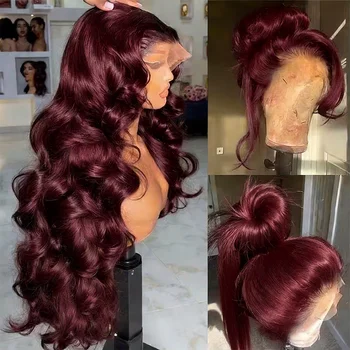 99j Burgundy 13x6 HD Lace Frontal Human Hair Wig 30 40 Inch Body Wave Lace Front Wigs 250 Density Red Colored Pre Plucked Wig 1