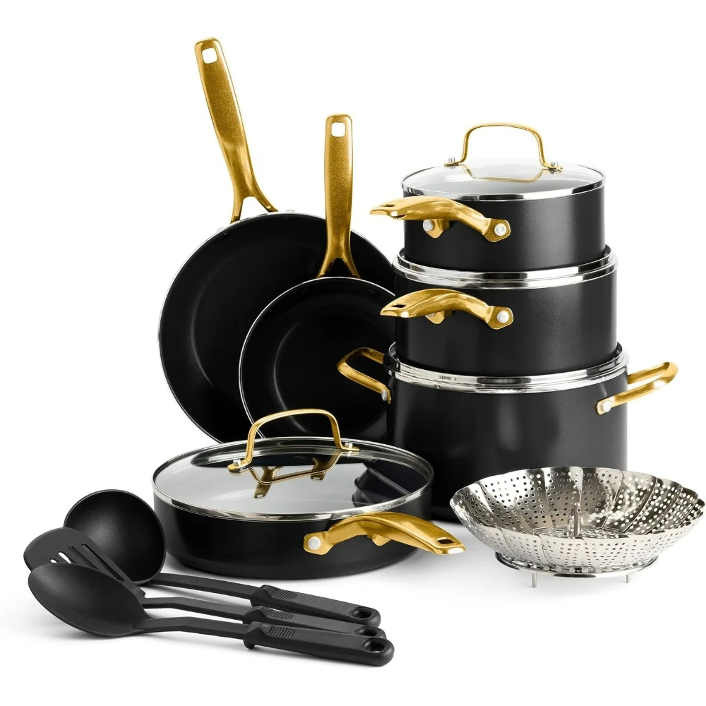 

14 Piece Cookware Set, Ceramic Nonstick, PFAS Free, PFOA Free, Induction Suitable, Dishwasher Safe, Gold Handle, Black