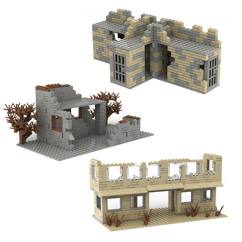 

Конструктор MOC креативный из руин времен Второй мировой войны, набор строительных блоков для защиты, блокировка территории разрушенных домов, кирпичи, игрушки для мальчиков, подарок