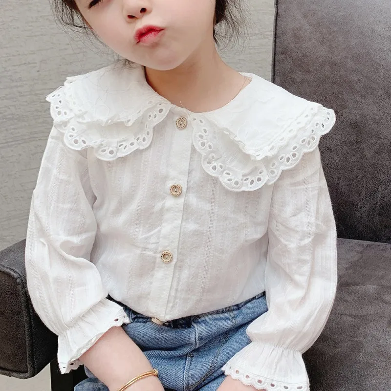 2-7 Years Kids Fashion Big Turn Down Collar Solid Color Tops Spring Autumn Baby Girls Long Sleeve Blouse Shirt