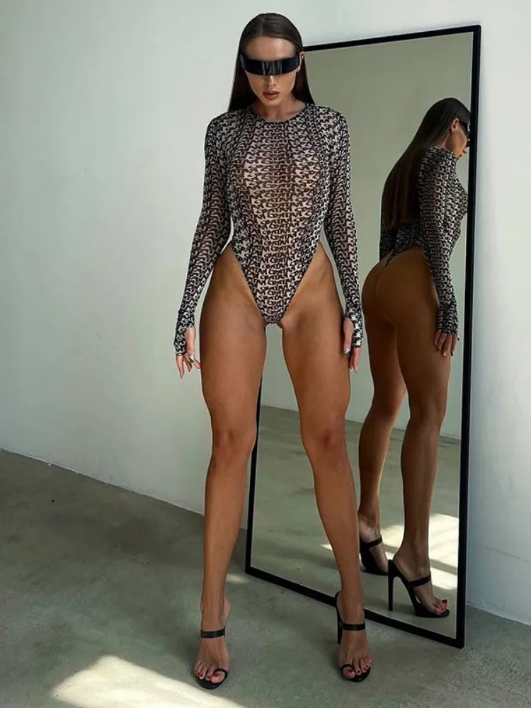 Character Print Long Sleeve Sexy Bodysuit Lingerie Para Mujer De Vestir Bodycon Graphic Aesthetic Clothes O-Neck Slim Streetwear