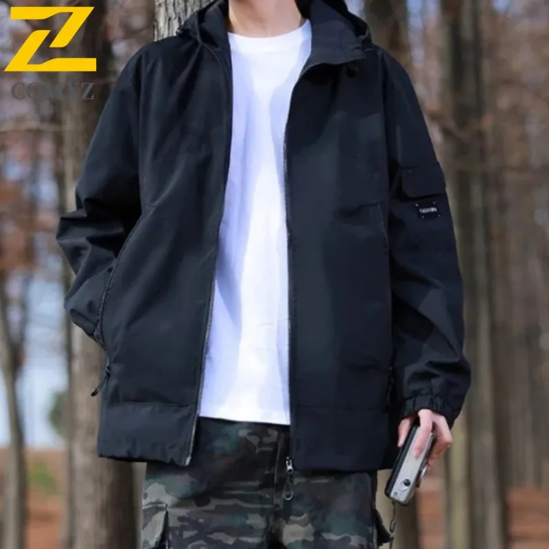 COMXZ Jacket Men Streetwear Waterproof Windproof Oversized Workwear Coat for Hiking Camping Fishing Hooded Outdoor Techwear2025