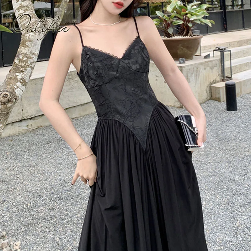 

Ordifree 2022 Summe Women Black Long Dress Lace Crochet Satin Sexy Backless Vocation Tunic Maxi Beach Dress