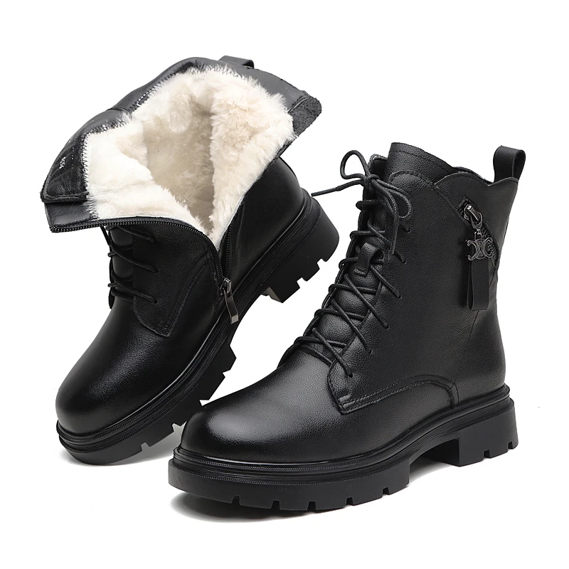 

Winter New in Women Boots Genuine Leather Thickened Wool Lining Warm Martin Booties Snow Lace-up British Hundred Antiskid Shoes