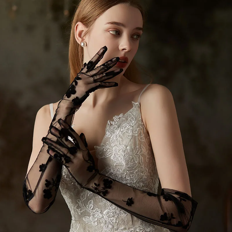 WG126 Elegant Bridal Long Gloves Soft Tulle Black Embroidered Flowers Finger Elbow Wedding Pageant Prom Gloves