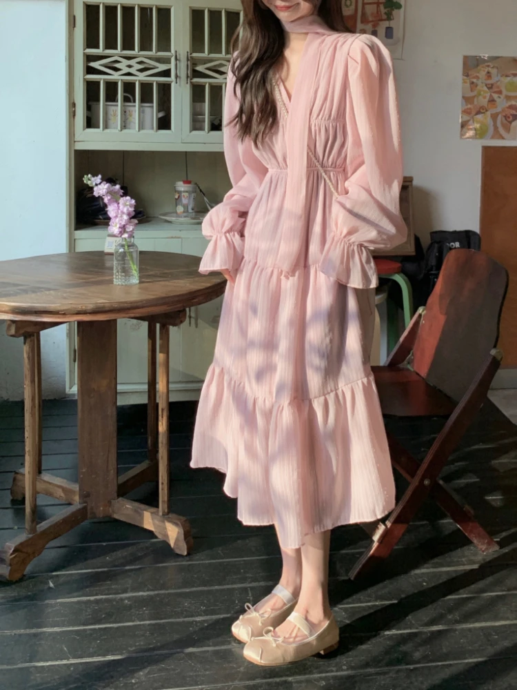 Elegant Autumn Midi Dresses for Women V-neck Flare Sleeves A-line Solid Korean Fashion Casual French Vintage Vestidos Mujer New