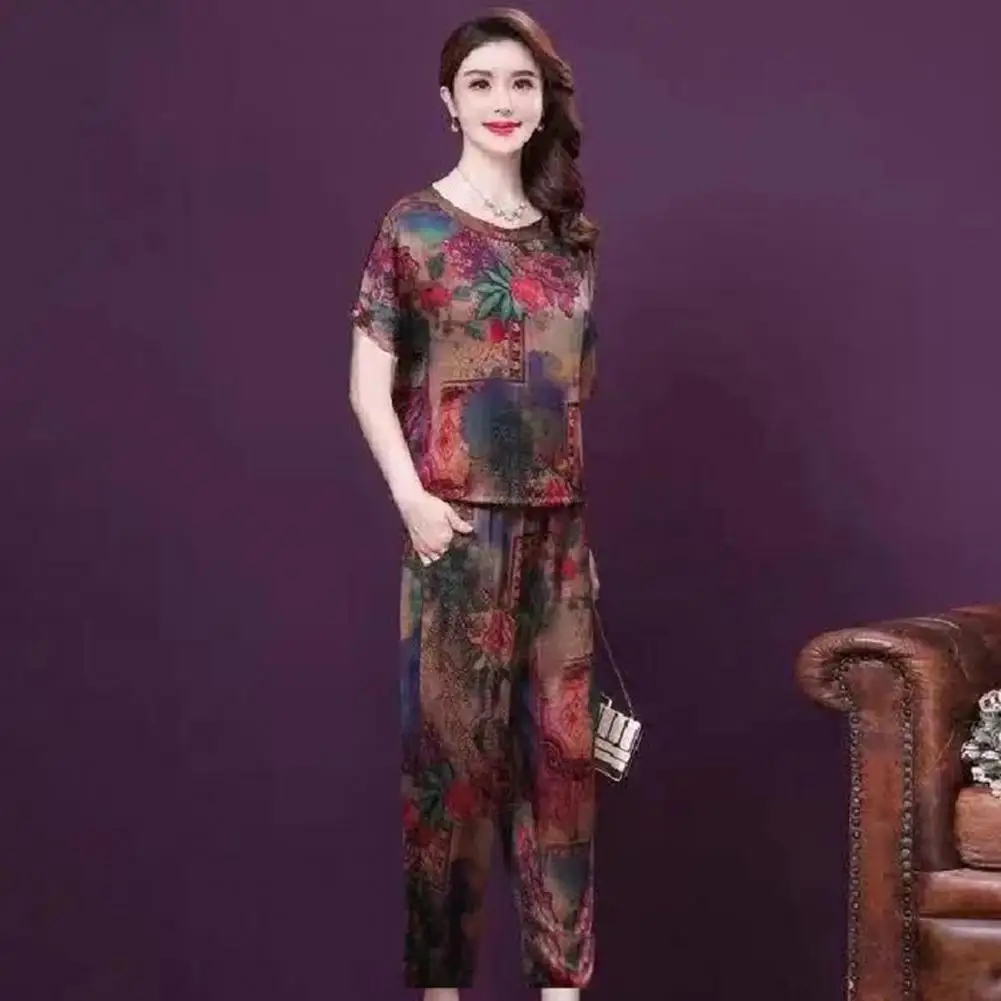 

Leisure Tracksuit O-Neck Comfortable Mid-aged Mother Printing Top Long Pants Set 3D Cutting Casual Outfit Daily Garment