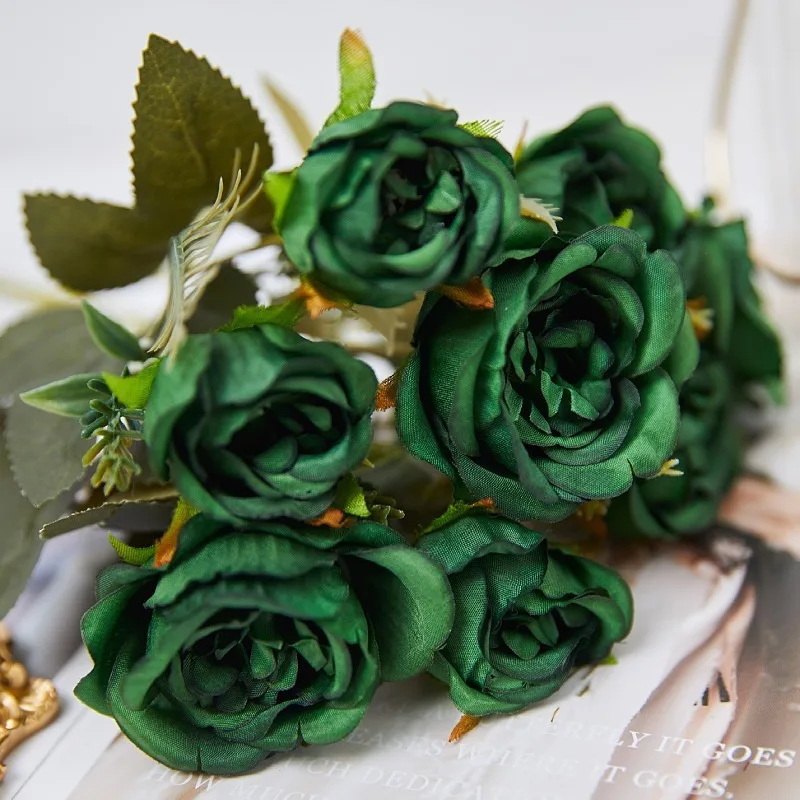8 Heads Vintage Artificial Flowers Silks Peony Green Rose For
