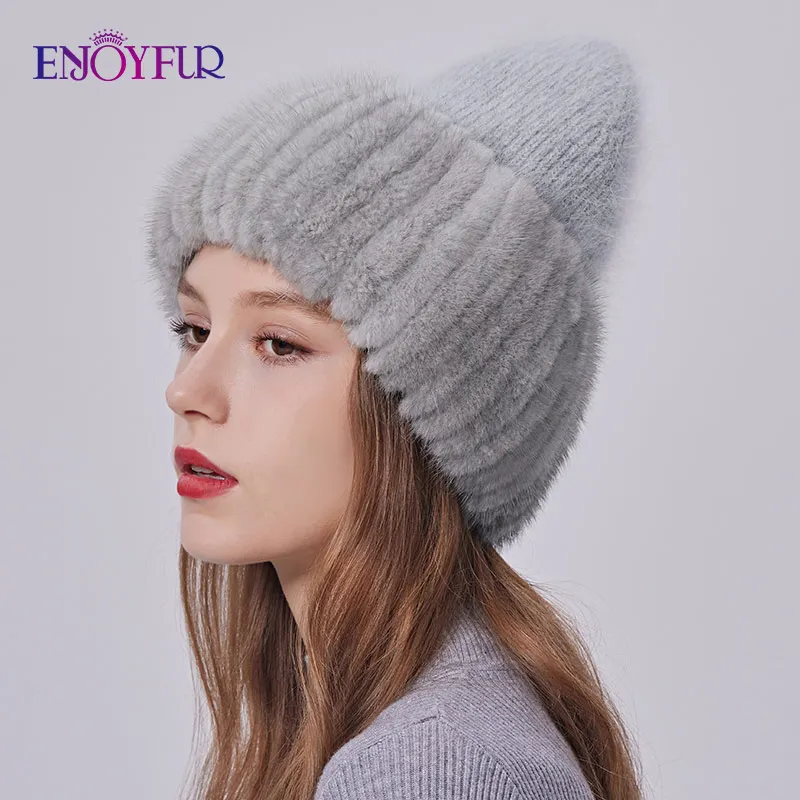 ENJOYFUR Women Winter Angora Hats With Real Mink Fur Knit Brim Female Thick Warm High Quality Mink Fur Knitted Hats 4