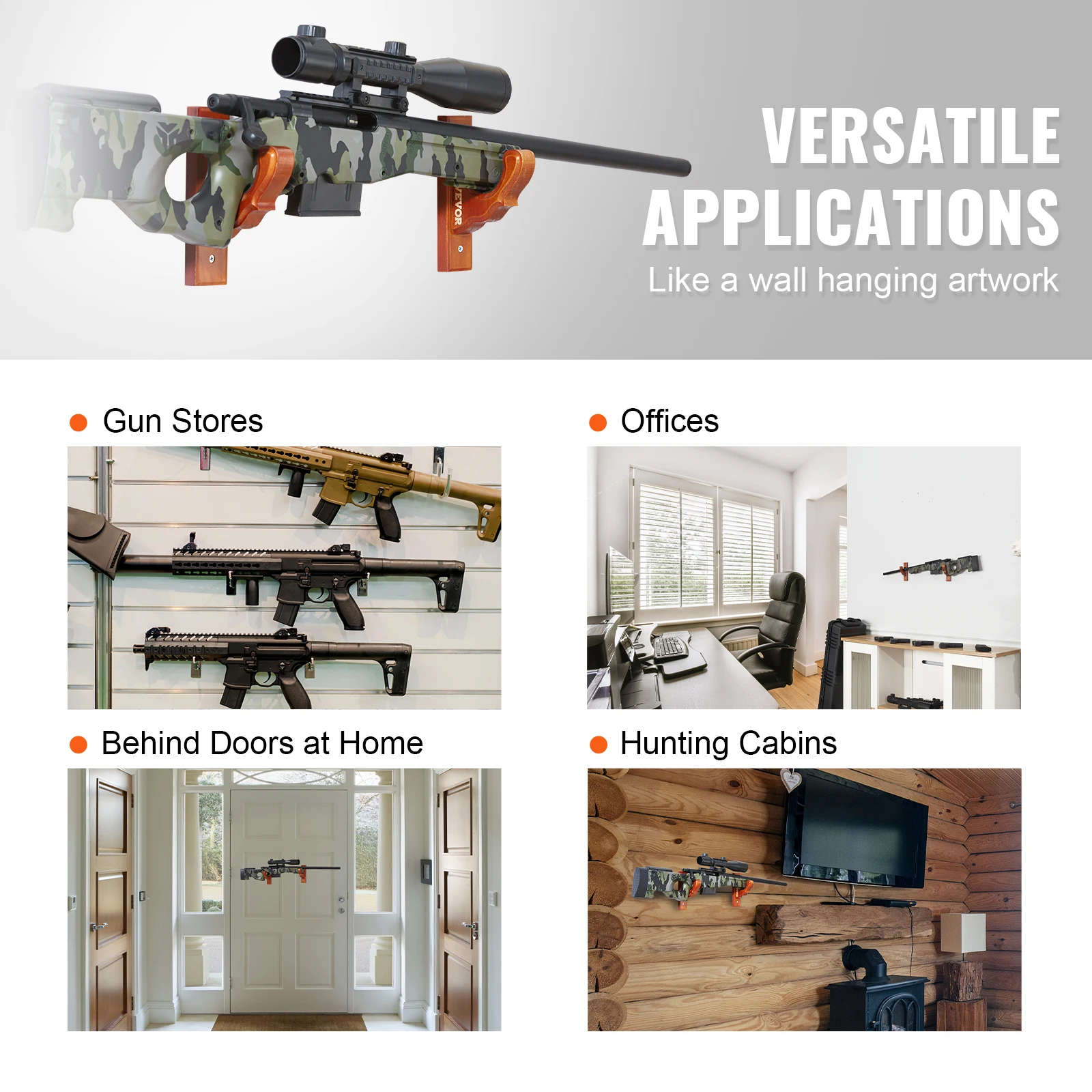 VEVOE Wall Mount Gun Rack Horizontal Gun Rack and Shotgun Hooks Single Storage Display Rifle Shotgun Holder up to 50lbs